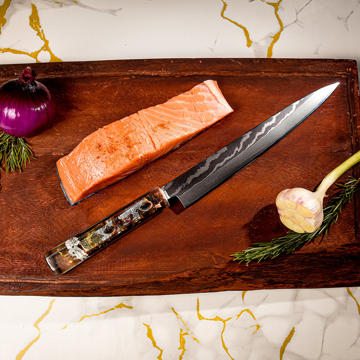 Golden Clockwork - Yanagiba Damascus Chef Knife